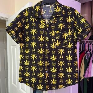 Yellow Leaf & Skulls Pattern Black Casual Button Down Shirt